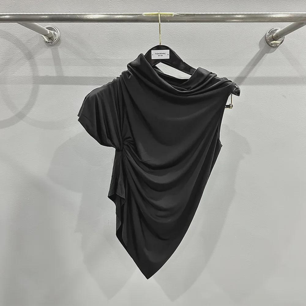 SUBHUMAN Women's European & American Style | Orange Irregular Pleated High Collar One-Shoulder Knit Top