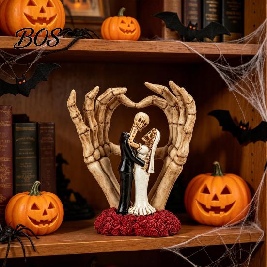 Skull And Rose Base Sculpture Skeleton Couple Hand Ornament, with Base, Durable Hands Heart Ornament Resin Gothic Wedding Decor, for Halloween