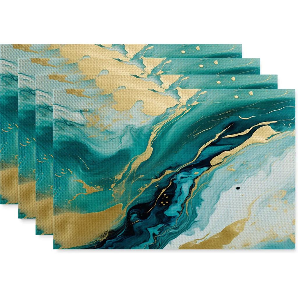 Anti Fouling and Heat-insulating Table Mat 4PC Placemat Watercolor Marble Printed Fabric Linen Placemat  Western Style Placemat
