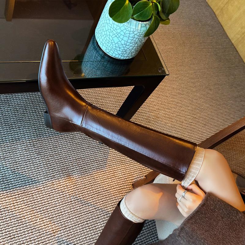 Pointed Inner Height Increase Low Heel High Knight Boots Women'S Leather But Knee Boots Skinny Brown Straight Boots