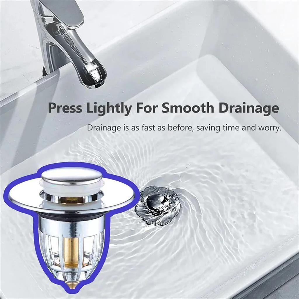 Universal Rebound Drain Plug Filter Basin Pop-up Chrome Sink Filter with Hair Catcher Bathroom Sink Drain Stopper Easy Push Type