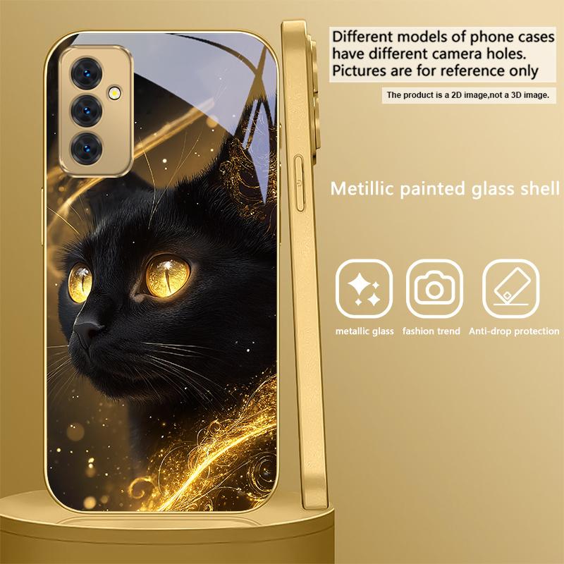 Mysterious Black Cat For Samsung Galaxy S26 S20 FE S21 S22 S23 Plus S24 Ultra S25Ultra S21+  S22Plus Golden Glass Phone Case