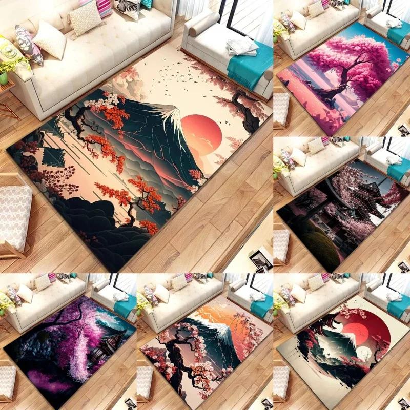 3D Japanese Cherry Blossom Floor Mat with Mount Fuji Design Large Soft Carpet for Kids' Bedroom Stylish Rug for Living Room