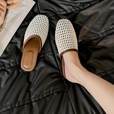 Summer New Women Slip On Mules Shoes Fashion Cane Weave Ladies Sandal Shoes Square Low Heel Outdoor Casual Slipper
