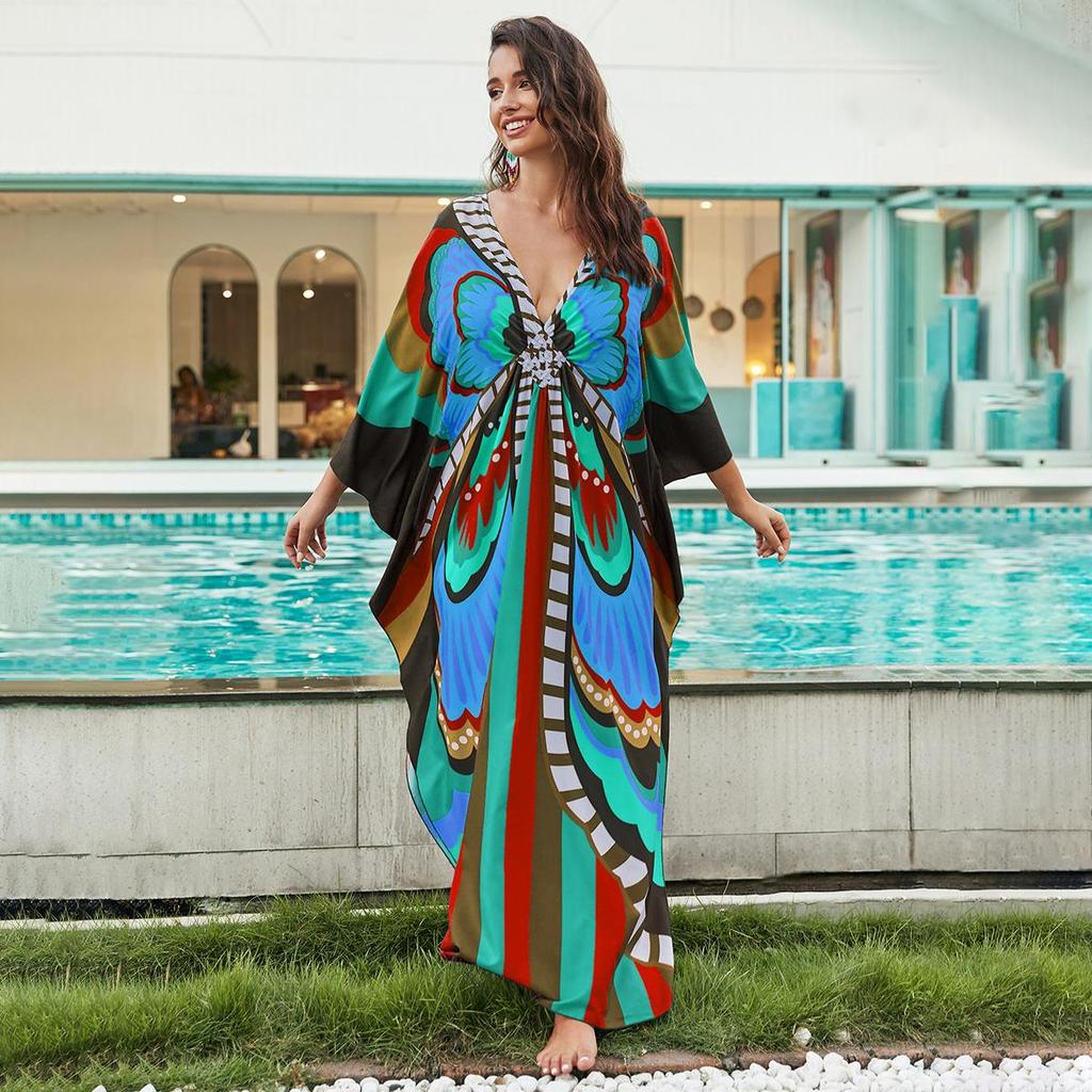 Beach Kaftans for Women Printed Maxi Dresses Cover Ups for Swimwear Summer Vacation Bathing Suits Factory Supply