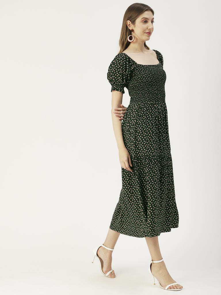 Moomaya Printed Viscose Rayon Summer Dress, Square Neck Smocked Long Dress