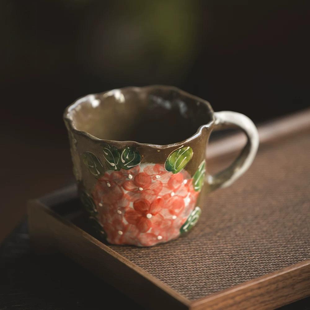 300ml Vintage Hand-Painted Ceramic Mug, Retro Floral Coffee Cup, Handmade Art Teacup for Home Office