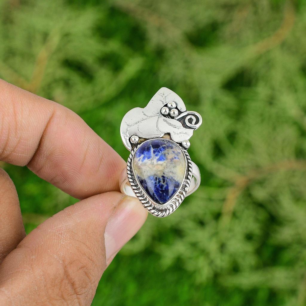 Natural Sodalite Gemstone 925 Sterling Silver Stackable Ring Size 8.5 For Girls