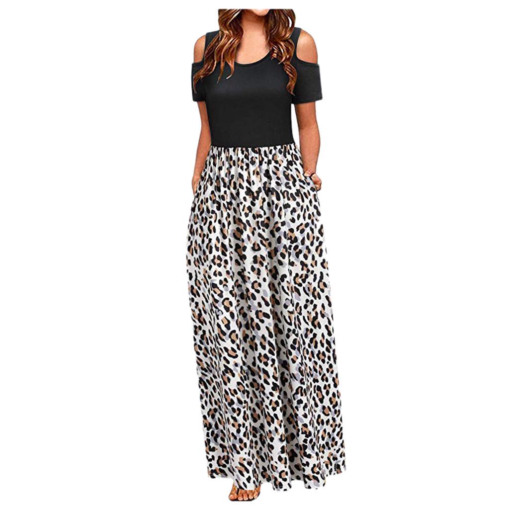 Women Summer Cold Shoulder Floral Print Elegant Maxi Long Dress Pocket Dress