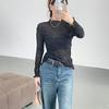 Plissiertes Herbst- und Winter-Damenbekleidung Mehrfarbiges Chiffonhemd, Rundhals-Langarm-Semitransparentes T-Shirt, Schlankmachendes und Vielseitiges Oberteil