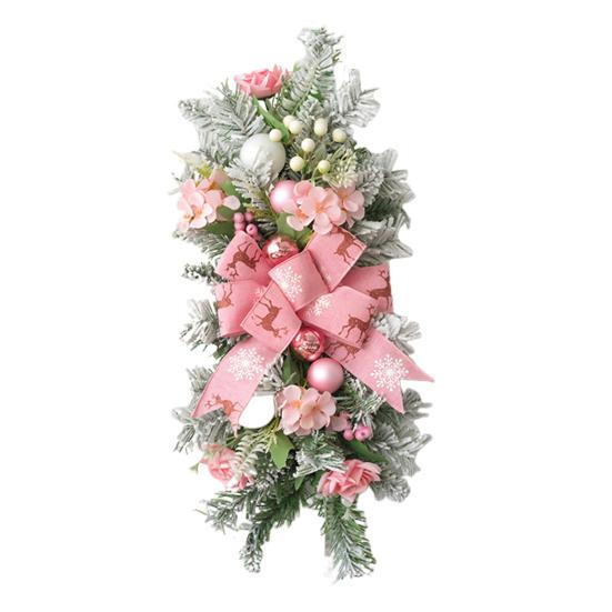 Christmas Stair Garland with Faux Snow Pine Cones Ribbon Realistic PVC Christmas Wreath for Indoor Decor Staircase Door Mantel Decoration