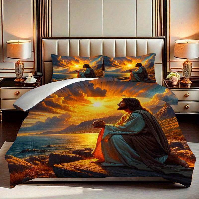

Comforter 2/3Pcs Serene Jesus Sunset Prayer Ocean Rocks Set With Printed Pattern Set Includes Comforter (quilt)-EU Single(135*200cm)3pcs