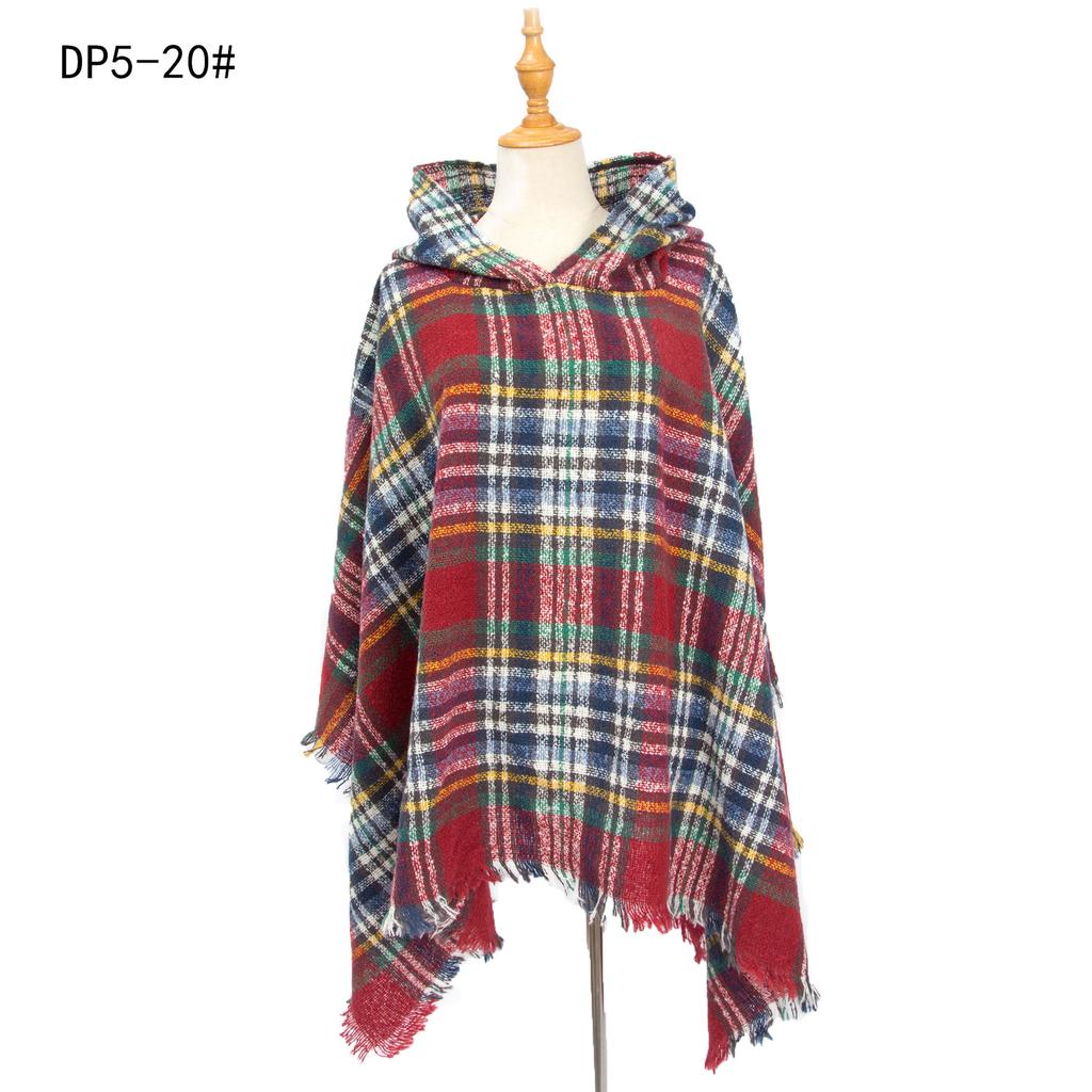 Women's Plaid Hooded Cape Ponchos Sweater Knitted Versatile Lightweight Warm Shawl Wrap Scarf Cape Poncho Pullover Cardigan Wrap Sweaters for Women