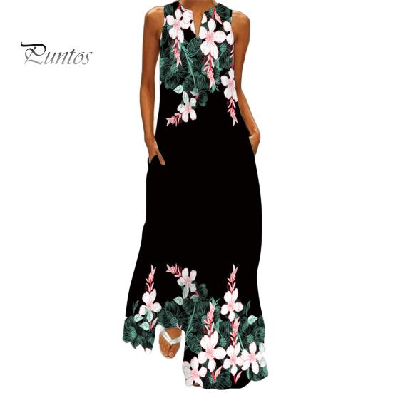 

Платье макси с карманами и цветочным принтом, А-силуэта, V-образного выреза, без рукавов, свободного покроя, полной длины, для пляжных вечеринок M чёрный