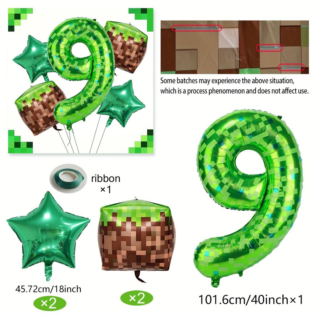 40-Inch Green Pixel Miner Digital Aluminum Foil Balloon Kit Includes Polyester Film Numbers 0-9 for Video Game Birthday Party