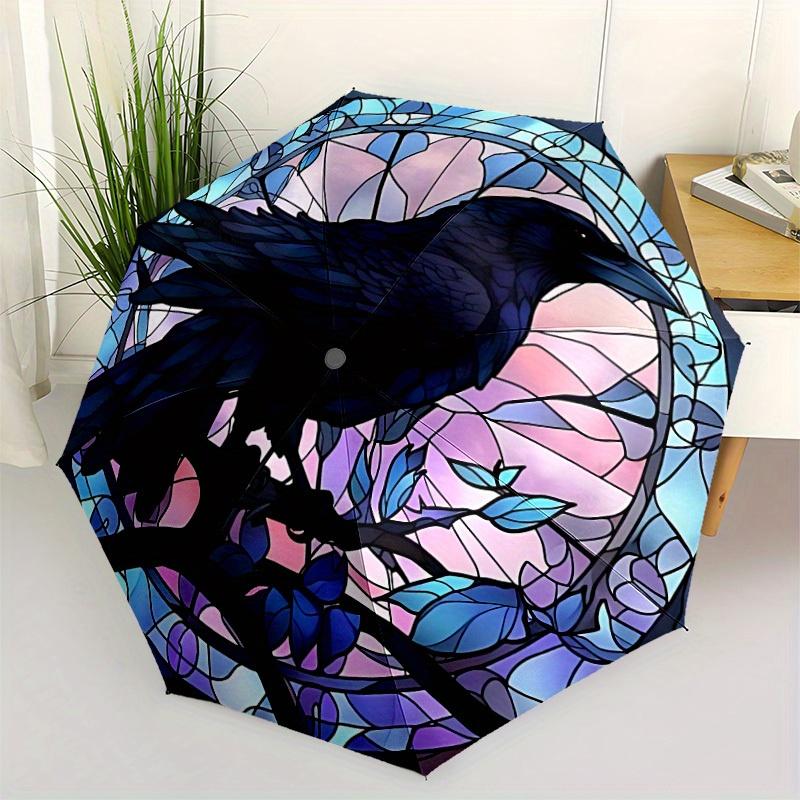 1pc Stained Raven Compact Travel Umbrella, Automatic Folding Lightweight Windproof 8-Bone Reinforced Design, Portable for Backpack Durable C