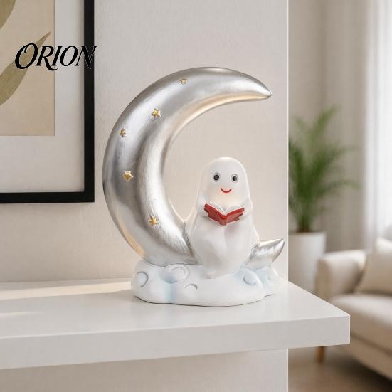 Whimsical Ghost Statue Cute Reading Book Ornament, Luminous Resin Figurine, Collectible Figurine Decor Night Light for Halloween Home Desktop