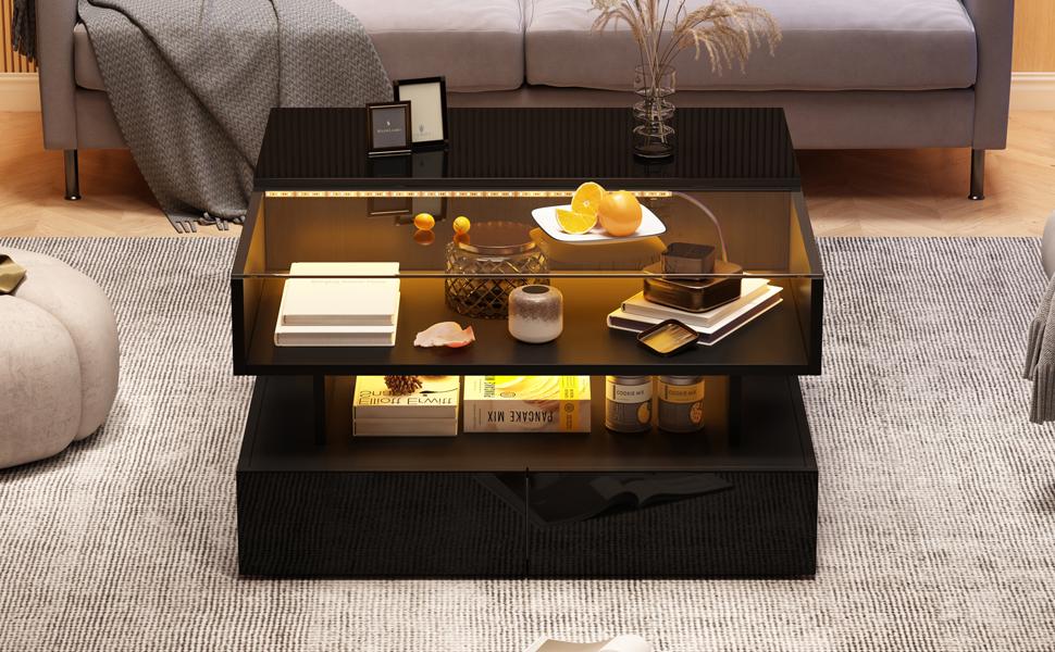 80*80*45cm Height-Adjustable Coffee Table with Hidden Storage and 2 Drawers, LED Lights, High-Gloss, Made of Tempered Glass, Black