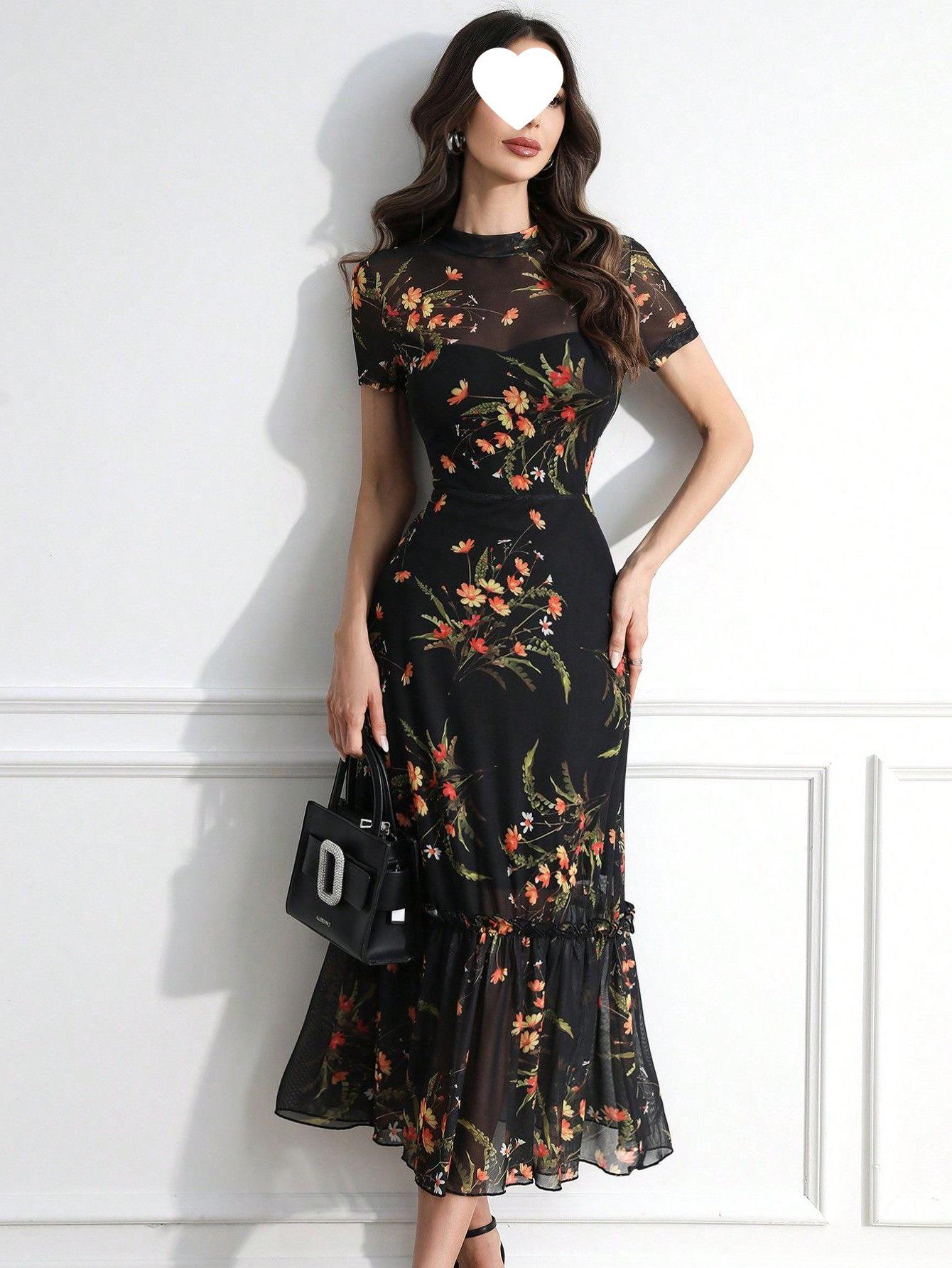 Dark Floral Mesh Patchwork Dress - Short Sleeve Large