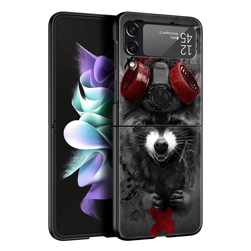 Hard PC Phone Case For Samsung Galaxy Z Flip 7 6 5 4 Black Cover For Galaxy Z Flip 3 Foldable Shockproof Cute Animal Raccoon Bag