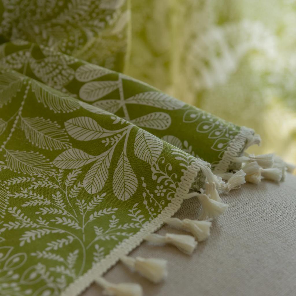 Green Vintage Pastoral Leaf Print Semi Blackout Curtains with Tassel Lace Bohemian Window Decoration for Living Room Drapes