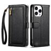 ESEBLE E11 For iPhone 16 Pro Case Zipper Pocket Litchi Texture Leather Phone Cover with Mirror and Wrist Strap