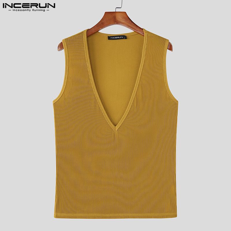 INCERUN Summer Men Deep V Sleeveless Solid Casual Fitted Rib Tank Tops Undershirts