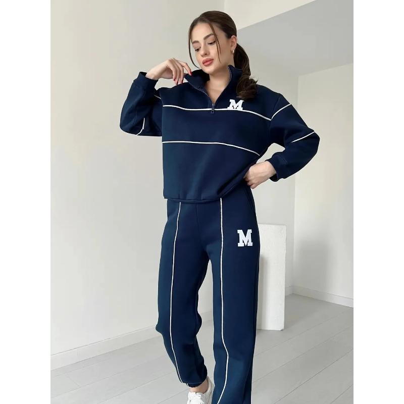 

Autumn Winter Fashion Letter Print Sweatshirt Set Casual Zipper Half Open Collar Long Sleeve Sweatpants Two Piece Suit XS темно-синього кольору