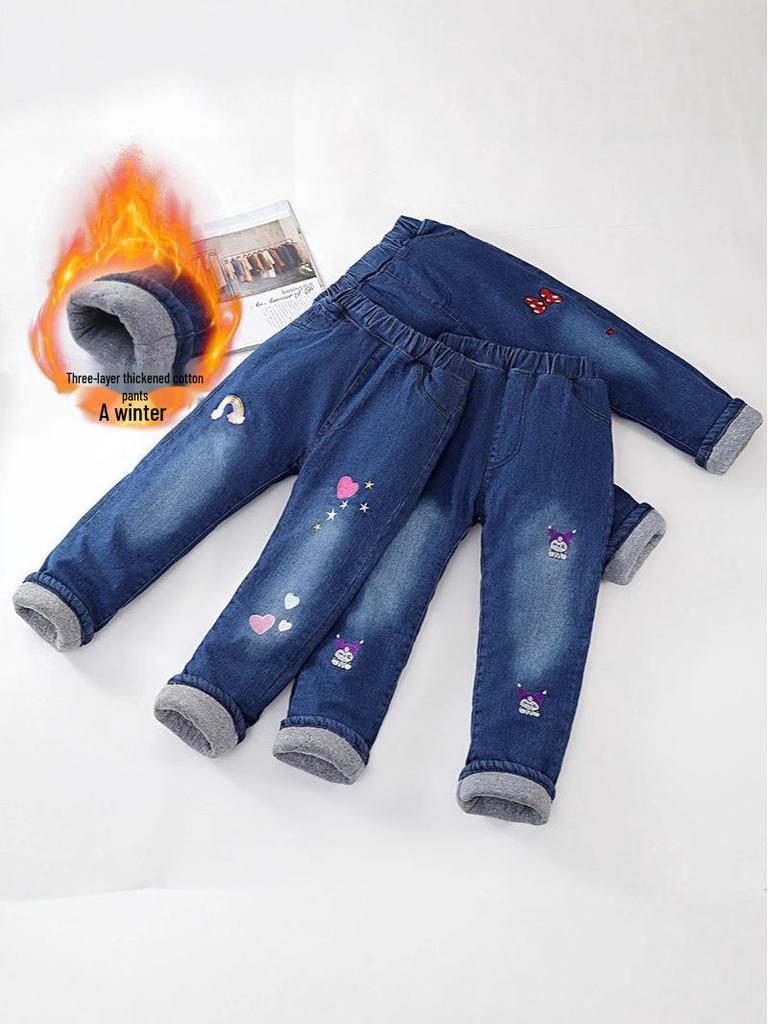 Girls' Winter Fleece-Lined Quilted Jeans - Thick, Warm, Fashionable Outerwear.