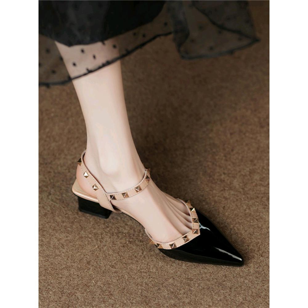 Spring and summer new thick heel bag head sandals women's pointed head rivets shallow mouth patent leather shoes