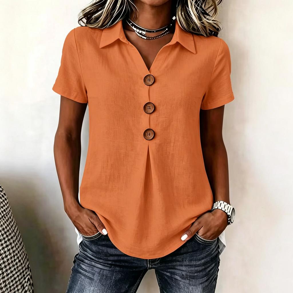 Women's Casual V Neck Button Front Shirt Short Sleeve Collared Blouse Lightweight Loose Fit Summer Top