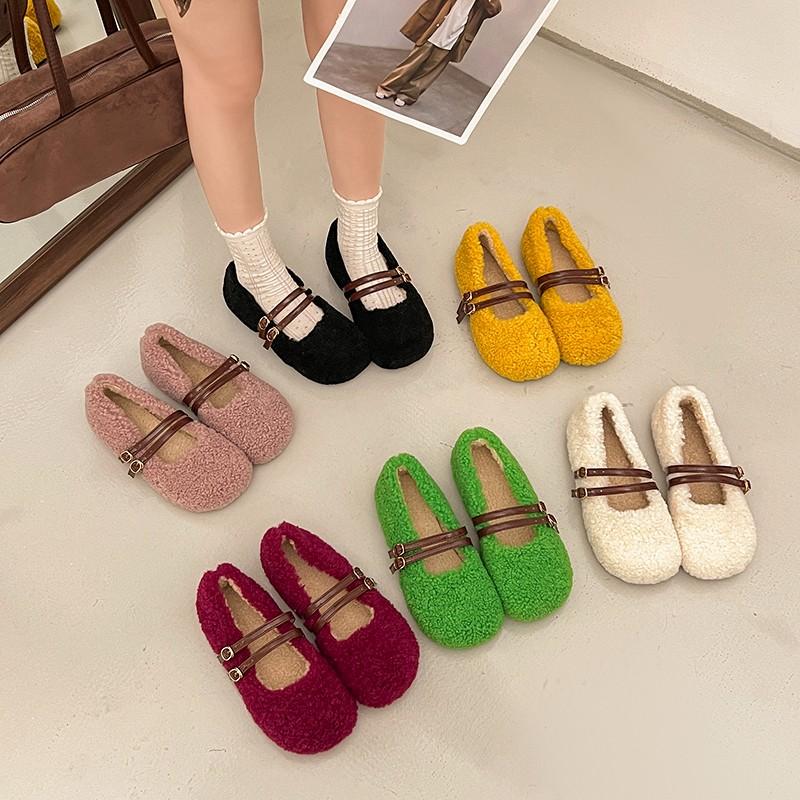 Fashion Autumn Winter Women Fur Flats Shoes Concise Comfort Street Style Soft Sole Female Dress Short Plush Mary Jane Shoes