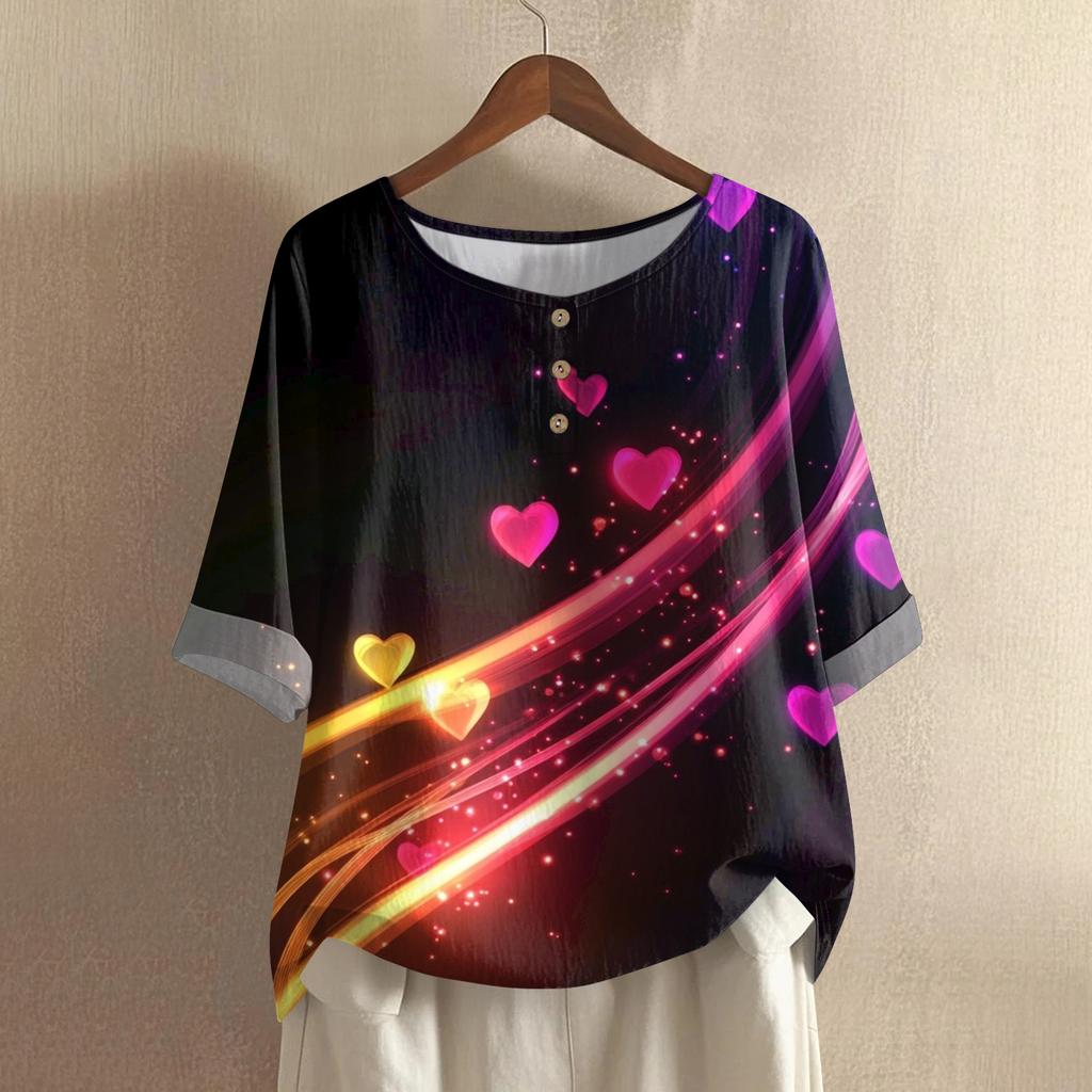 Damska casualowa i wygodna bawełniano-lniana bluzka z okrągłym dekoltem, średniej długości, z modnym nadrukiem