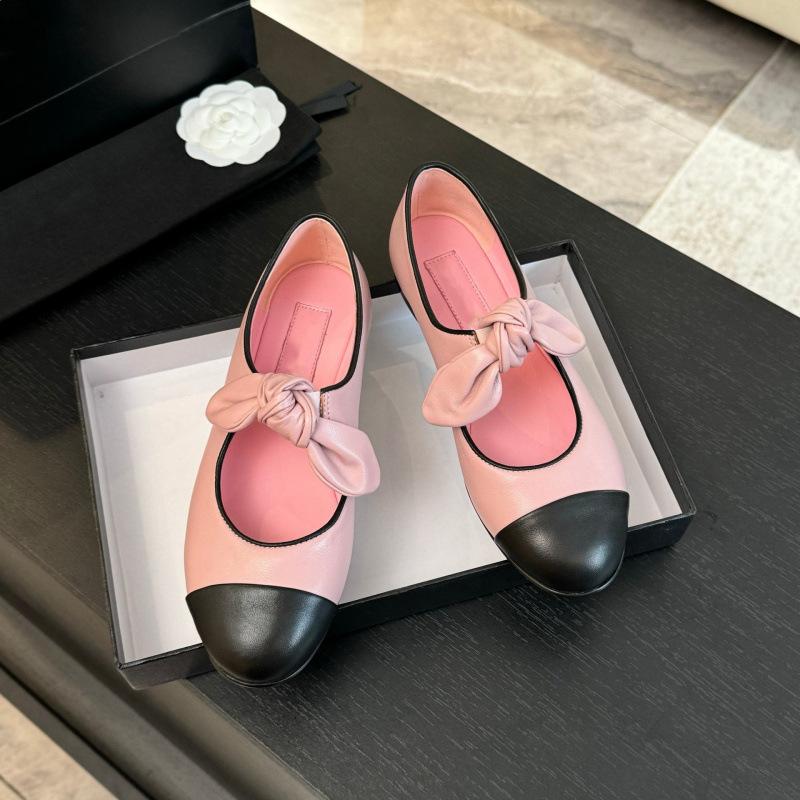 Bow contrasting color round head flat shoes early spring new leather temperament elegant women's shoes