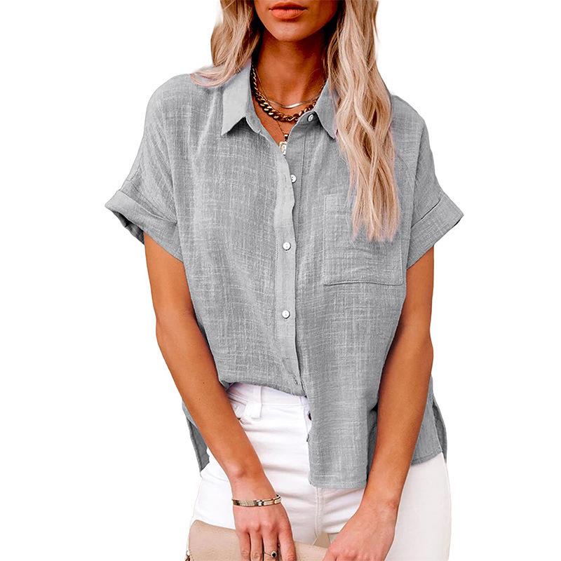 2025 Summer European & American Women's Solid Color Linen Short Sleeve Casual Loose Blouse