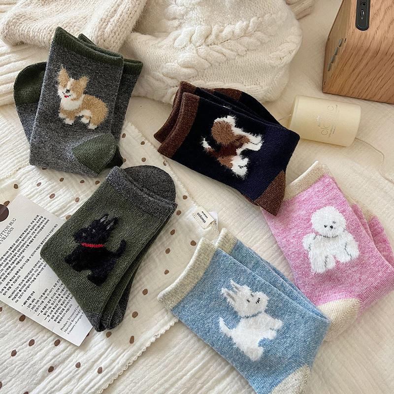 

Kawaii Style Winter Cartoon Shiba Inu Corgi Pattern Cashmere Wool Wool Socks Warm Mid Length Soft Socks For Women Girl рожевий