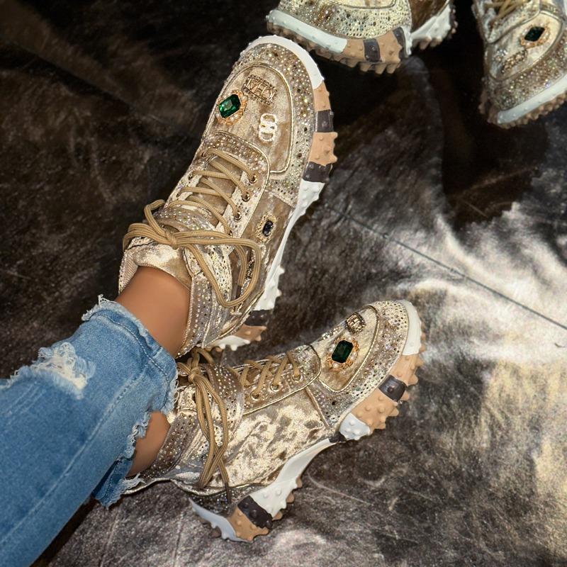 Women Casual Sneakers Luxury Designer Boots Rhinestone Suede High-Top Thick Bottom Shoes Female Tennis Outdoors Walking Shoes