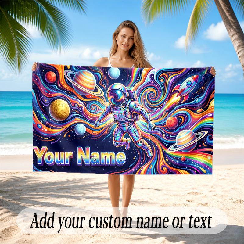 Astronaut Space Theme Quick Dry Beach Towel Custom Name Text Print Large Sand Resistant Towel Beach Vacation