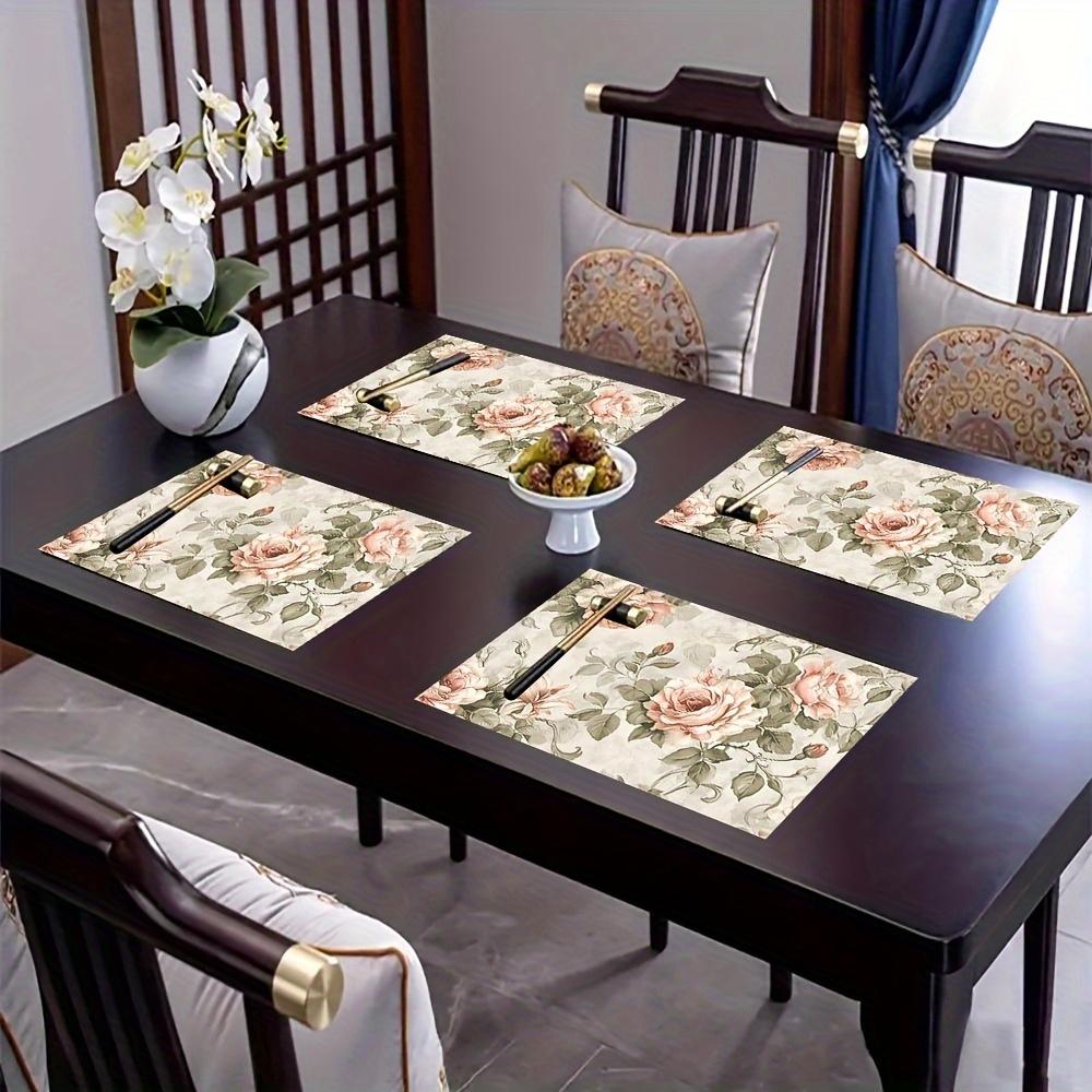 JIT4 Linen Placemats with Vintage Rose Design, Measuring 12X18 Inches, Suitable for Decorating Family Kitchen Tables, Festive Party Settings, And Home