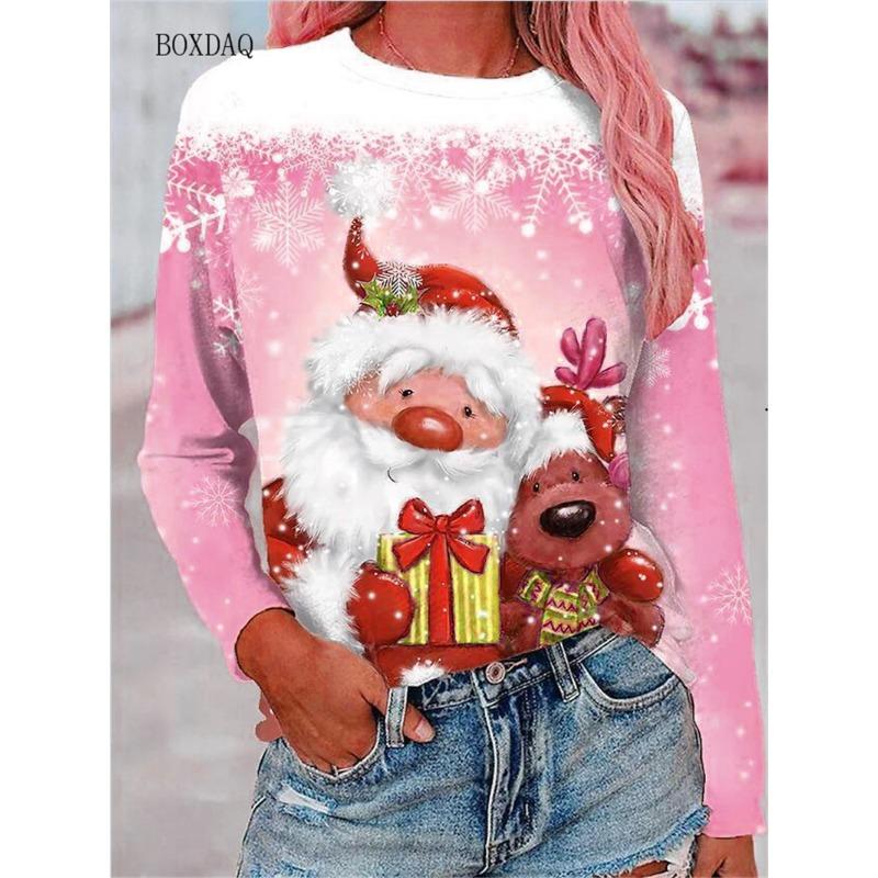 Big Size Women Clothing Christmas T-shirts Autumn Winter Long Sleeve 3d Santa Claus And Snowman Print Cartoon Cute Lady Tops