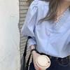 Sommer Damen Rüschen V-Ausschnitt Bluse Puffärmel Knopfleiste Lässig Chic Locker Oberteil