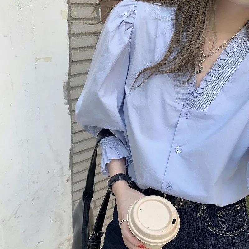 Sommer Damen Rüschen V-Ausschnitt Bluse Puffärmel Knopfleiste Lässig Chic Locker Oberteil