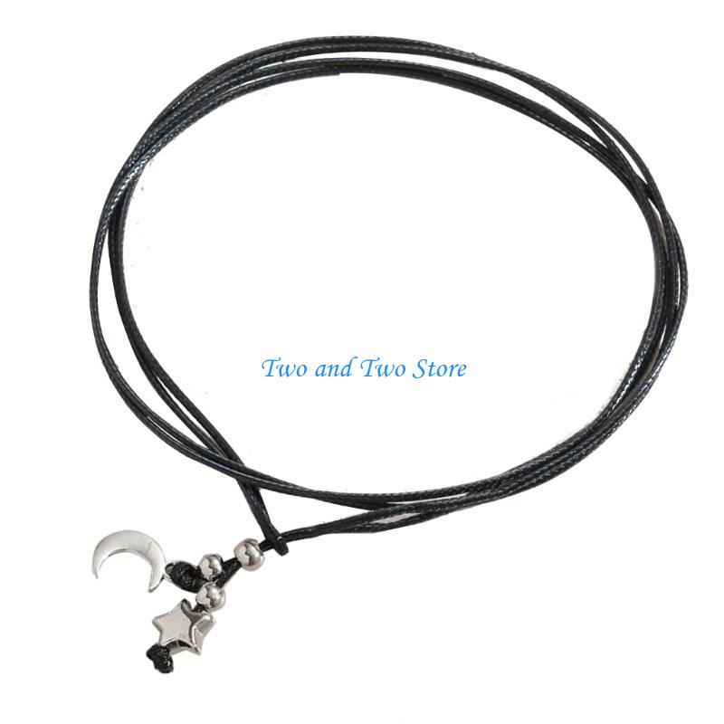 HX6F Leather Rope Anklet For Men Women Couple Handmade Silver Color Metal Charm