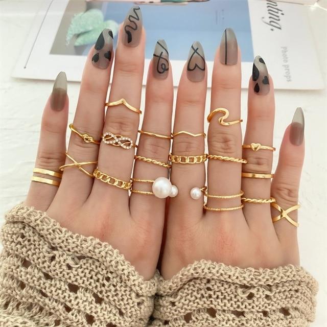 Sada prstenů s českým zlatým řetízkem pro ženy Fashion Boho Coin Snake Moon Rings Dárkové šperky Party Trend