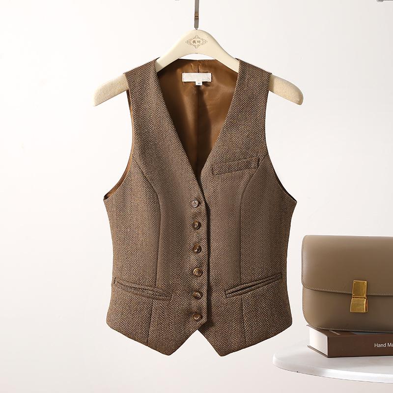 2025 Damen Woll-Strickweste Ärmellos - Retro Frühjahrs-/Herbst-Oberbekleidung M braun