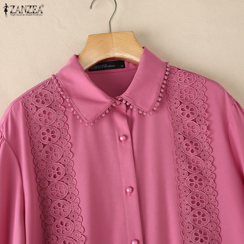ZANZEA Women Casual Turn Down Collar 3/4 Sleeve Lace Splice Blouse