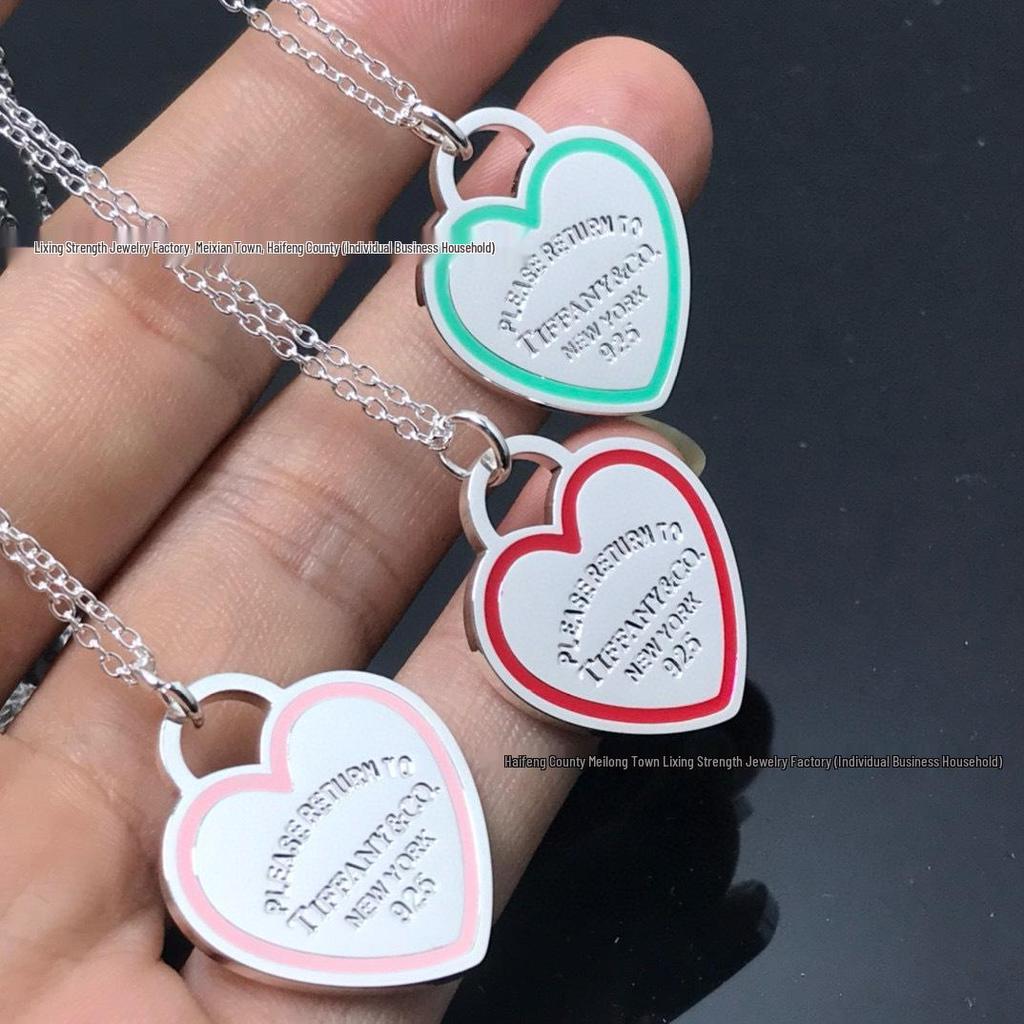 High-End T Tiga Double Heart Necklace with Blue and Pink Enamel Pendant