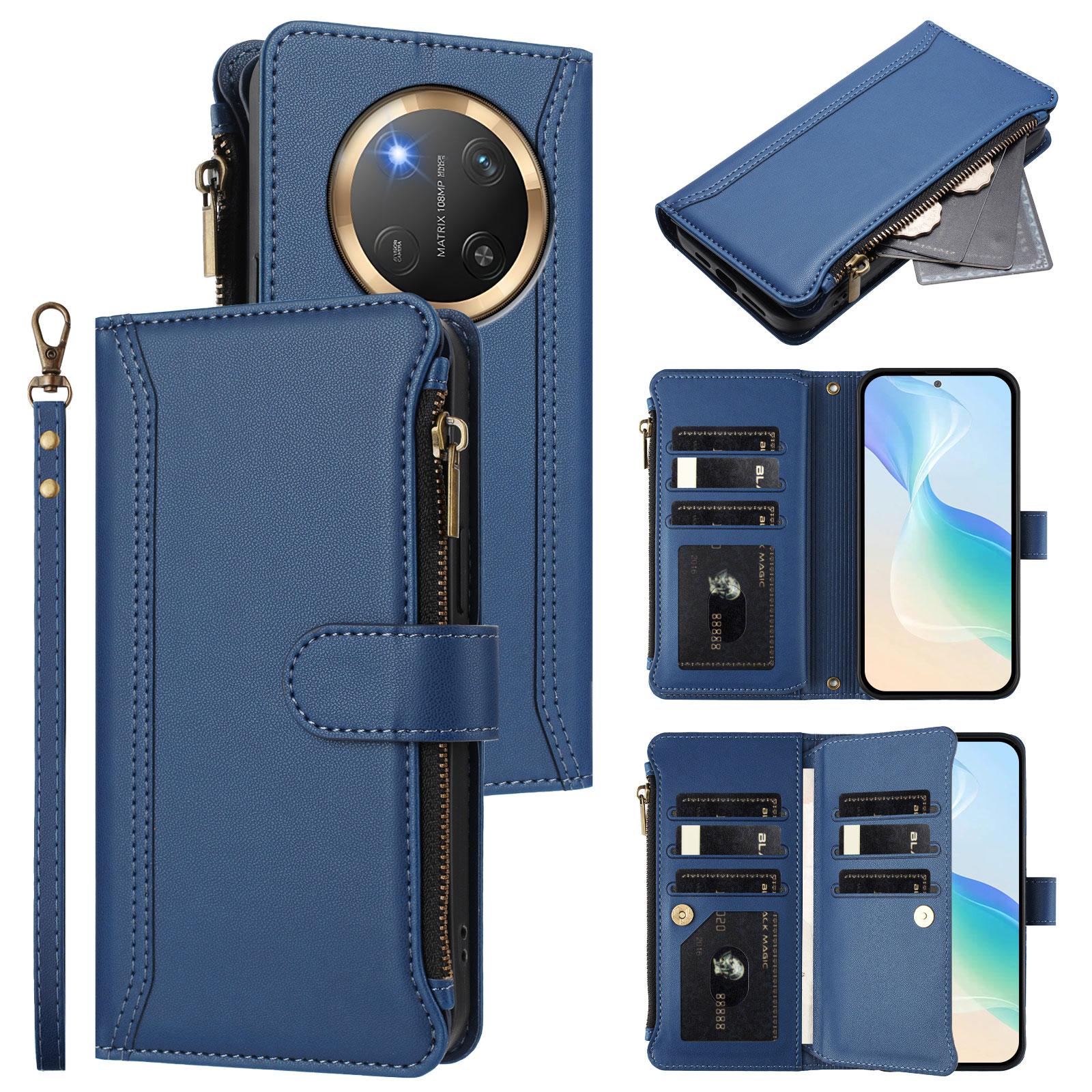 

For Honor Magic7 Lite 5G/Honor X60 Pro 5G/Honor X9c 5G Leather Case 9 Card Slots Zipper Wallet Stand Phone Cover with Wrist Strap Purple