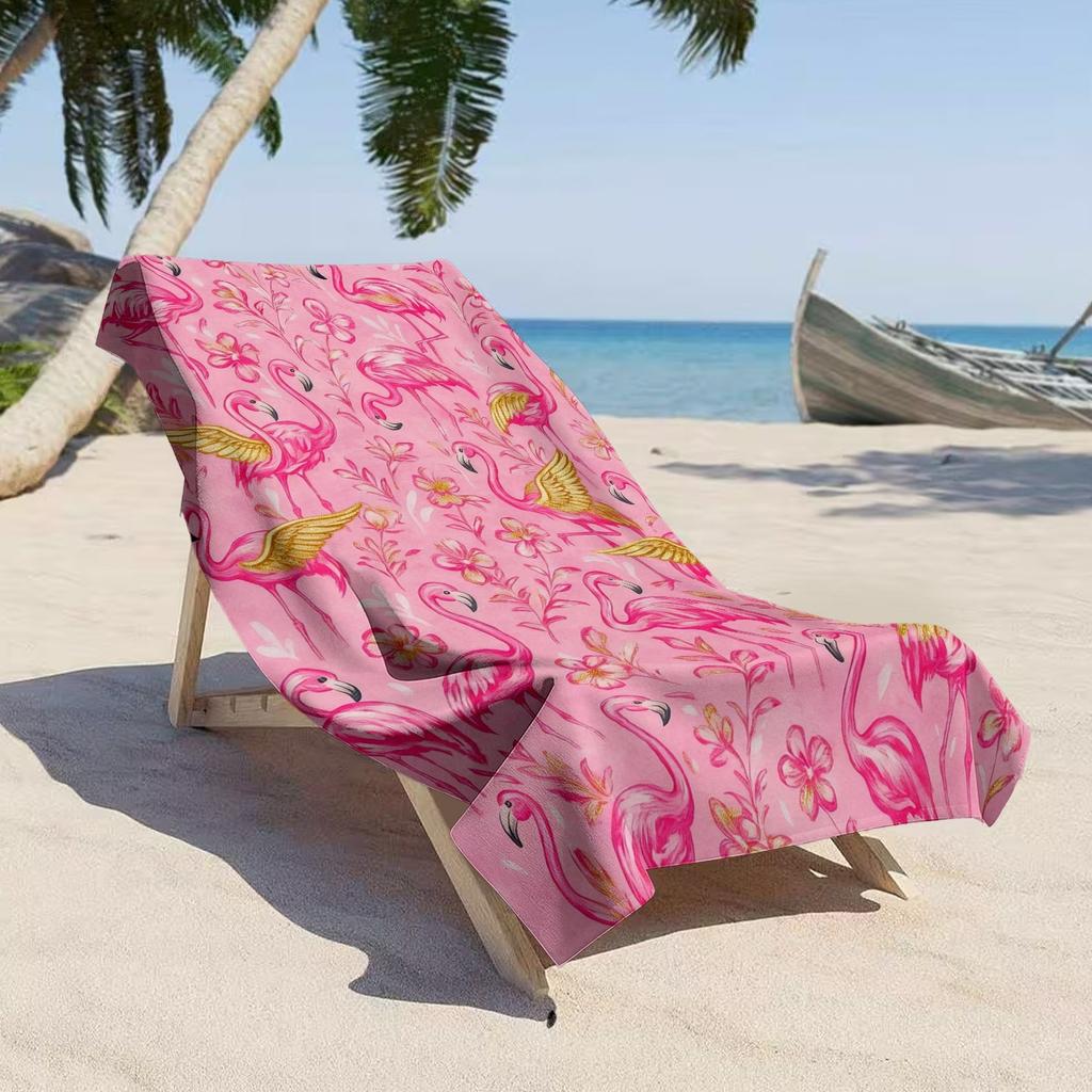 Pink Flamingo Beach Towel, Flamingo with Golden Wings & Floral Pattern Bath Towel, Perfect Vacation & Pool Party Beach Blanket