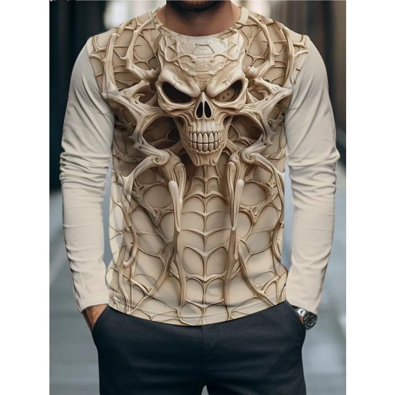 Autumn Men's 3D Horror Skull Print Crew Neck Long Sleeve T-Shirt